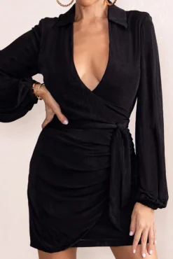Hot Breeze | Black Plunge Neck Belt Detail Puff Sleeves Mini Dress