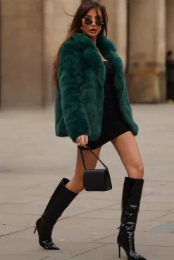 Hot Toddy | Bottle Green Short Faux Fur Coat