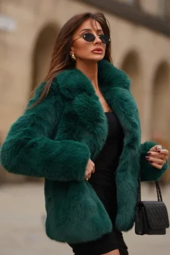 Hot Toddy | Bottle Green Short Faux Fur Coat