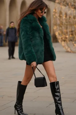 Hot Toddy | Bottle Green Short Faux Fur Coat