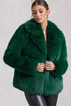 Hot Toddy | Bottle Green Short Faux Fur Coat