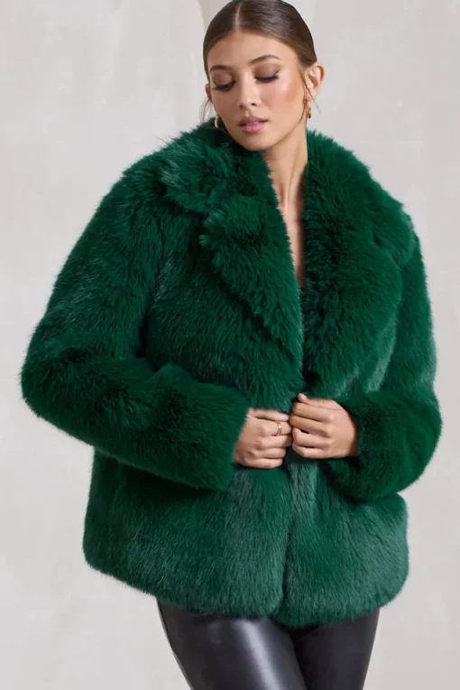 Hot Toddy | Bottle Green Short Faux Fur Coat