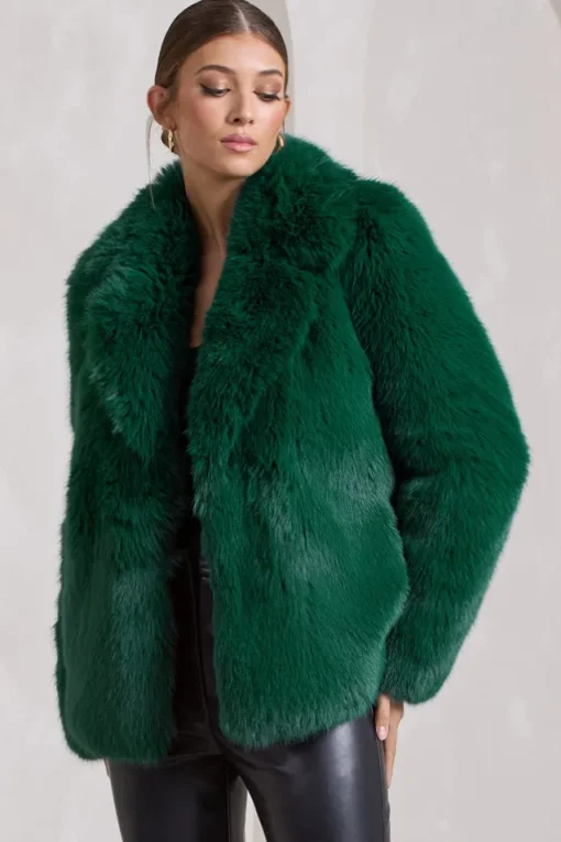 Hot Toddy | Bottle Green Short Faux Fur Coat