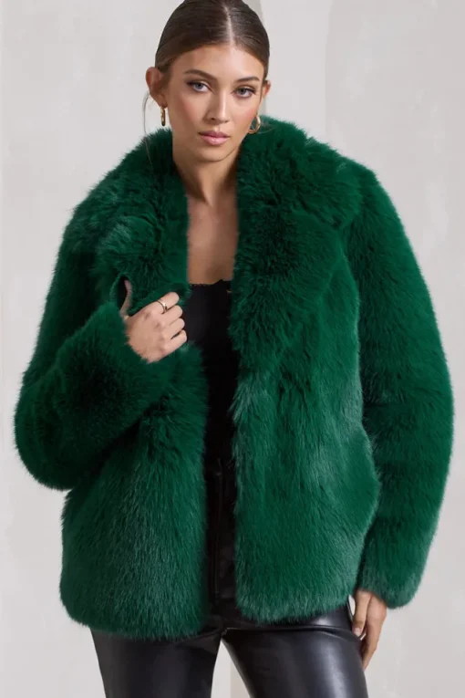 Hot Toddy | Bottle Green Short Faux Fur Coat