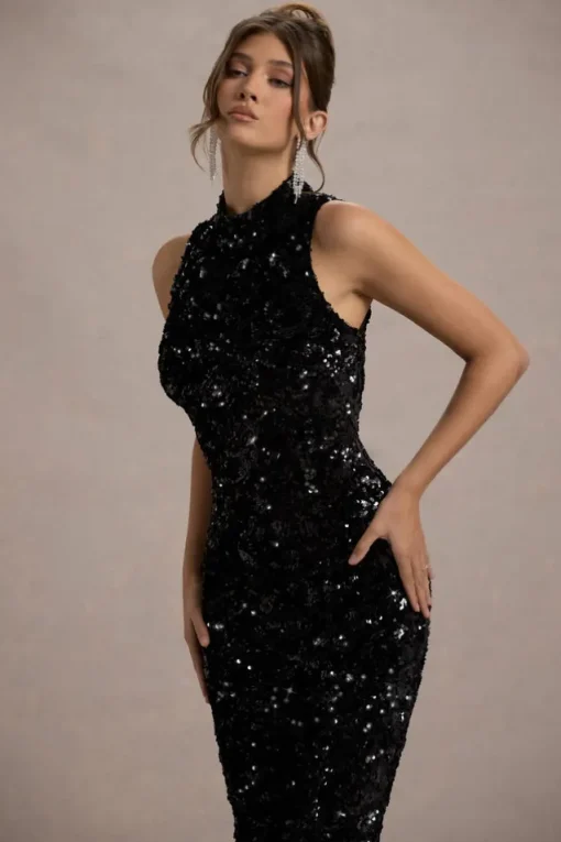 Hypnosis | Black Sequin Sleeveless High-Neck Midi Dress