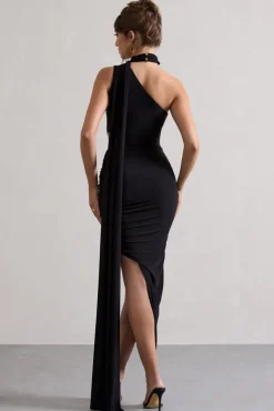 Icon | Black One Shoulder Cut-Out Maxi Dress With Scarf