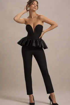 Idaho | Black Sweetheart Corset Jumpsuit With Satin Peplum