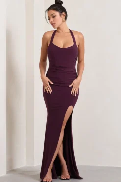 Idol | Burgundy Halter-Neck Split Maxi Dress