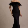 Idyll | Black Lace Bardot Feather Fishtail Maxi Dress