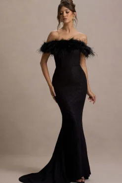Idyll | Black Lace Bardot Feather Fishtail Maxi Dress