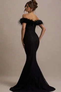 Idyll | Black Lace Bardot Feather Fishtail Maxi Dress