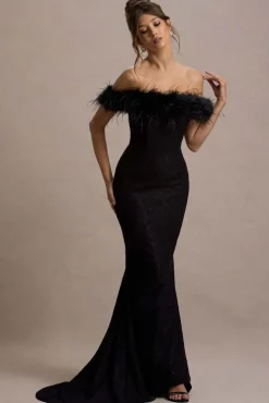 Idyll | Black Lace Bardot Feather Fishtail Maxi Dress