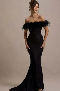 Idyll | Black Lace Bardot Feather Fishtail Maxi Dress