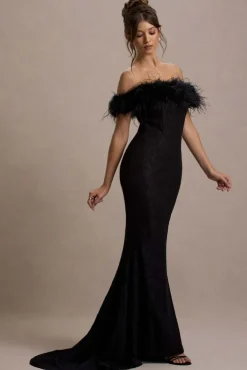Idyll | Black Lace Bardot Feather Fishtail Maxi Dress
