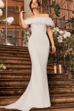 Idyll | White Lace Bardot Feather Fishtail Maxi Dress