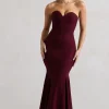 Idyllic | Burgundy Strapless Corset Style Fishtail Maxi Dress