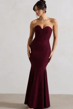 Idyllic | Burgundy Strapless Corset Style Fishtail Maxi Dress