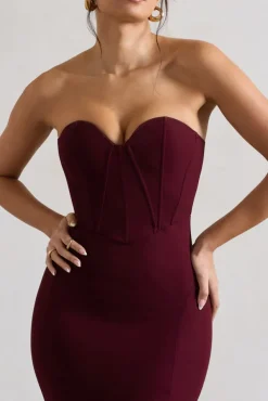Idyllic | Burgundy Strapless Corset Style Fishtail Maxi Dress