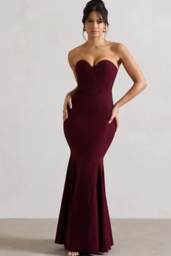 Idyllic | Burgundy Strapless Corset Style Fishtail Maxi Dress