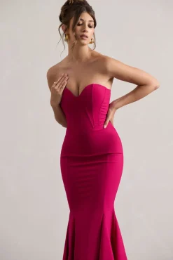 Idyllic | Hot Pink Strapless Corset Style Fishtail Maxi Dress