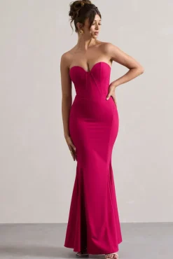 Idyllic | Hot Pink Strapless Corset Style Fishtail Maxi Dress