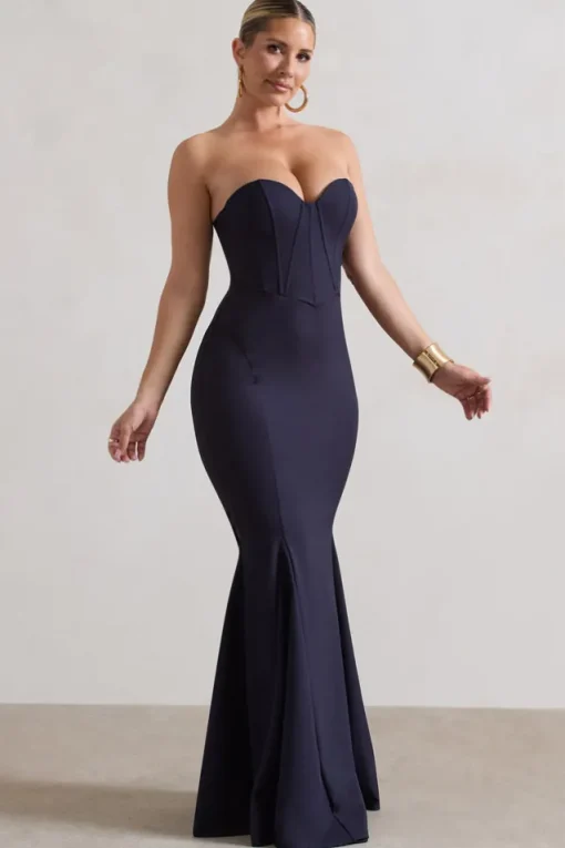 Idyllic | Navy Strapless Corset Style Fishtail Maxi Dress
