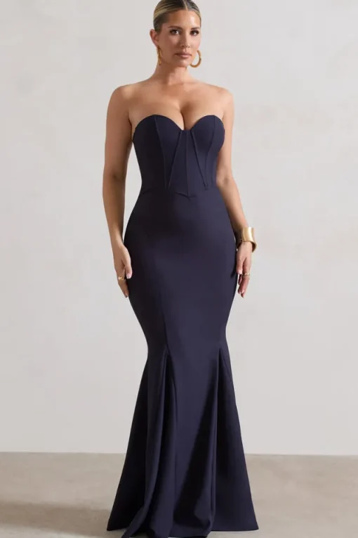 Idyllic | Navy Strapless Corset Style Fishtail Maxi Dress