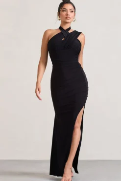 Ignite | Black Strappy Halter-Neck Asymmetric Maxi Dress