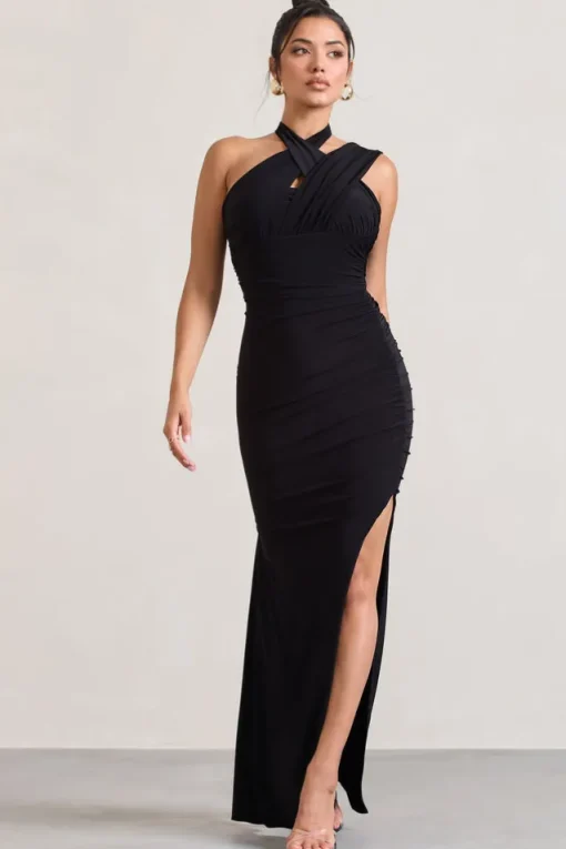 Ignite | Black Strappy Halter-Neck Asymmetric Maxi Dress