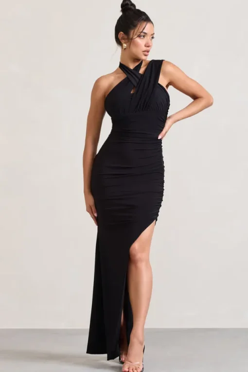 Ignite | Black Strappy Halter-Neck Asymmetric Maxi Dress