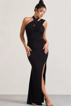 Ignite | Black Strappy Halter-Neck Asymmetric Maxi Dress