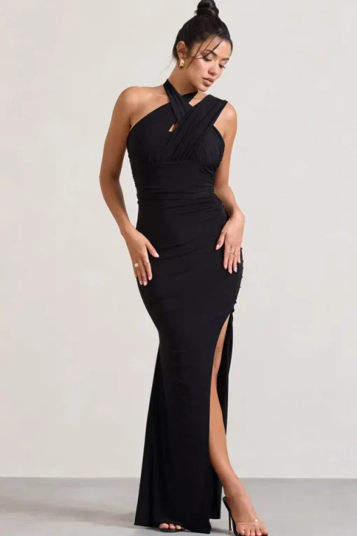 Ignite | Black Strappy Halter-Neck Asymmetric Maxi Dress