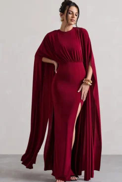 Ilaria | Berry Cape Sleeve Split Maxi Dress