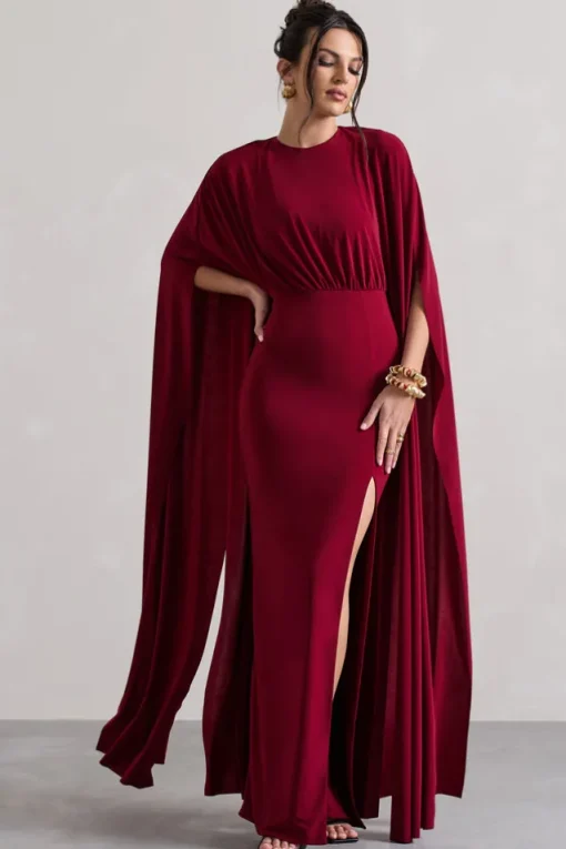 Ilaria | Berry Cape Sleeve Split Maxi Dress