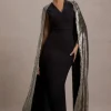 Ilenia | Black V-Neck Maxi Dress With Metallic Cape