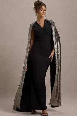 Ilenia | Black V-Neck Maxi Dress With Metallic Cape