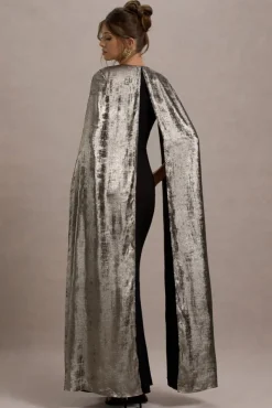 Ilenia | Black V-Neck Maxi Dress With Metallic Cape