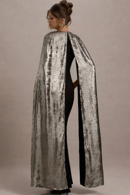 Ilenia | Black V-Neck Maxi Dress With Metallic Cape