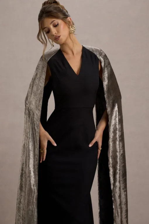 Ilenia | Black V-Neck Maxi Dress With Metallic Cape