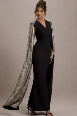 Ilenia | Black V-Neck Maxi Dress With Metallic Cape