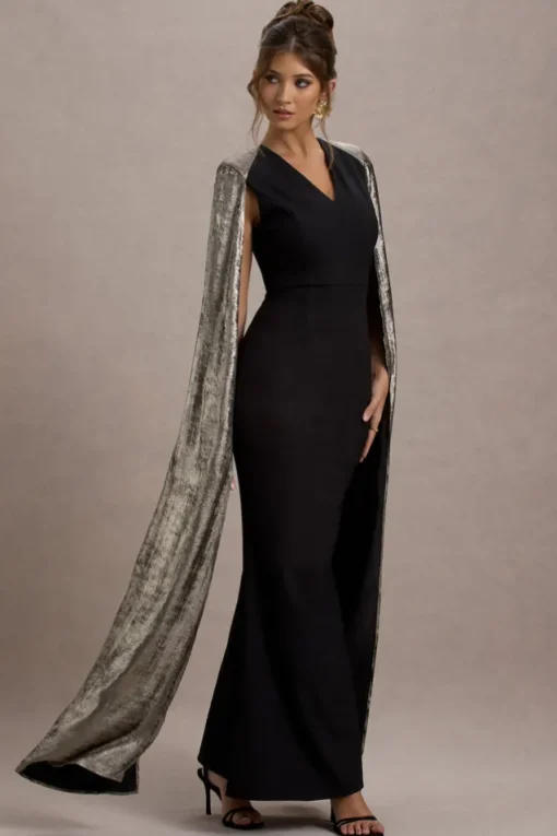 Ilenia | Black V-Neck Maxi Dress With Metallic Cape