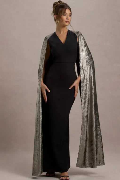 Ilenia | Black V-Neck Maxi Dress With Metallic Cape