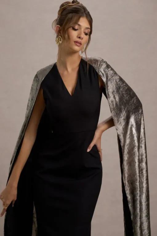 Ilenia | Black V-Neck Maxi Dress With Metallic Cape