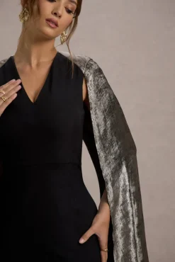 Ilenia | Black V-Neck Maxi Dress With Metallic Cape