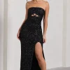 Illuminate | Black Sequin Bandeau Cut Out Split Maxi Dress