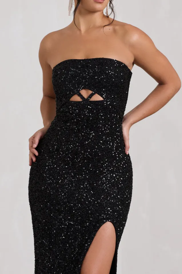 Illuminate | Black Sequin Bandeau Cut Out Split Maxi Dress