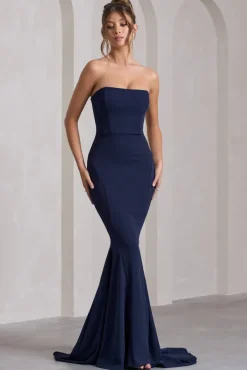 Impress Me | Navy Strapless Bandeau Fishtail Maxi Dress