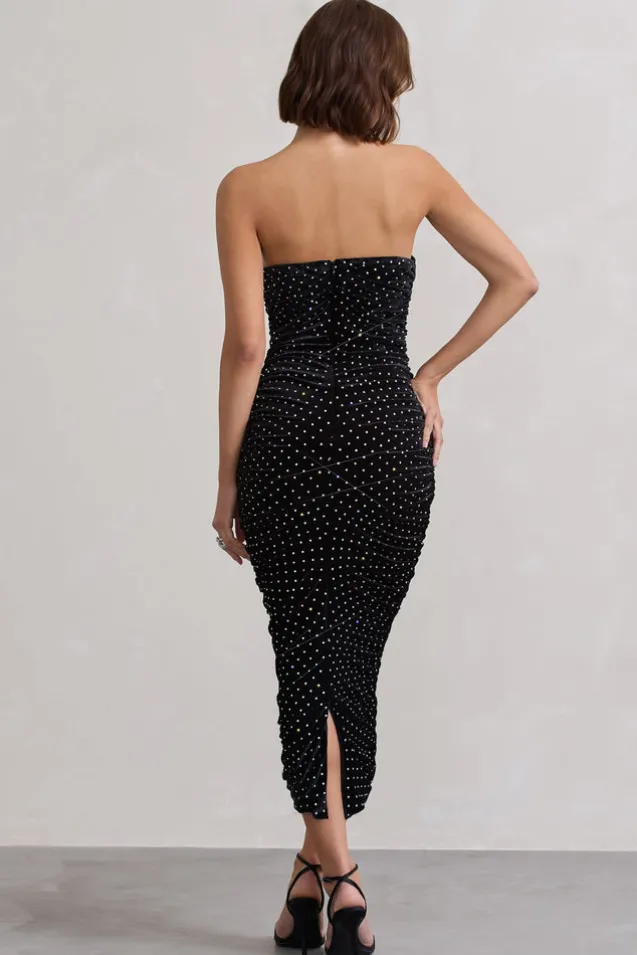 In A Daze | Black Bodycon Embellished Strapless Midi Dress