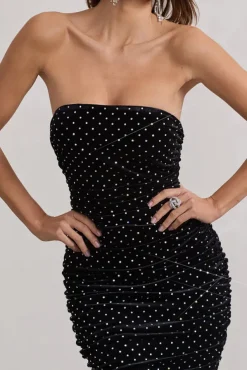 In A Daze | Black Bodycon Embellished Strapless Midi Dress