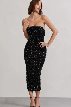 In A Daze | Black Bodycon Embellished Strapless Midi Dress
